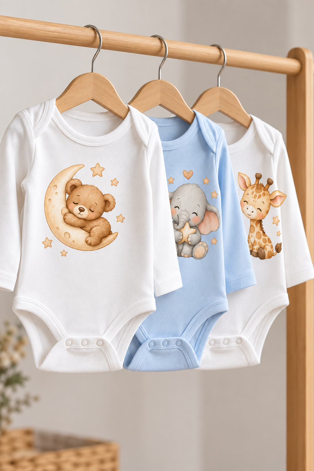 Set of 3 Long-Sleeve Watercolour Animal Print Baby Boy Bodysuits (Bear, Elephant, Giraffe)