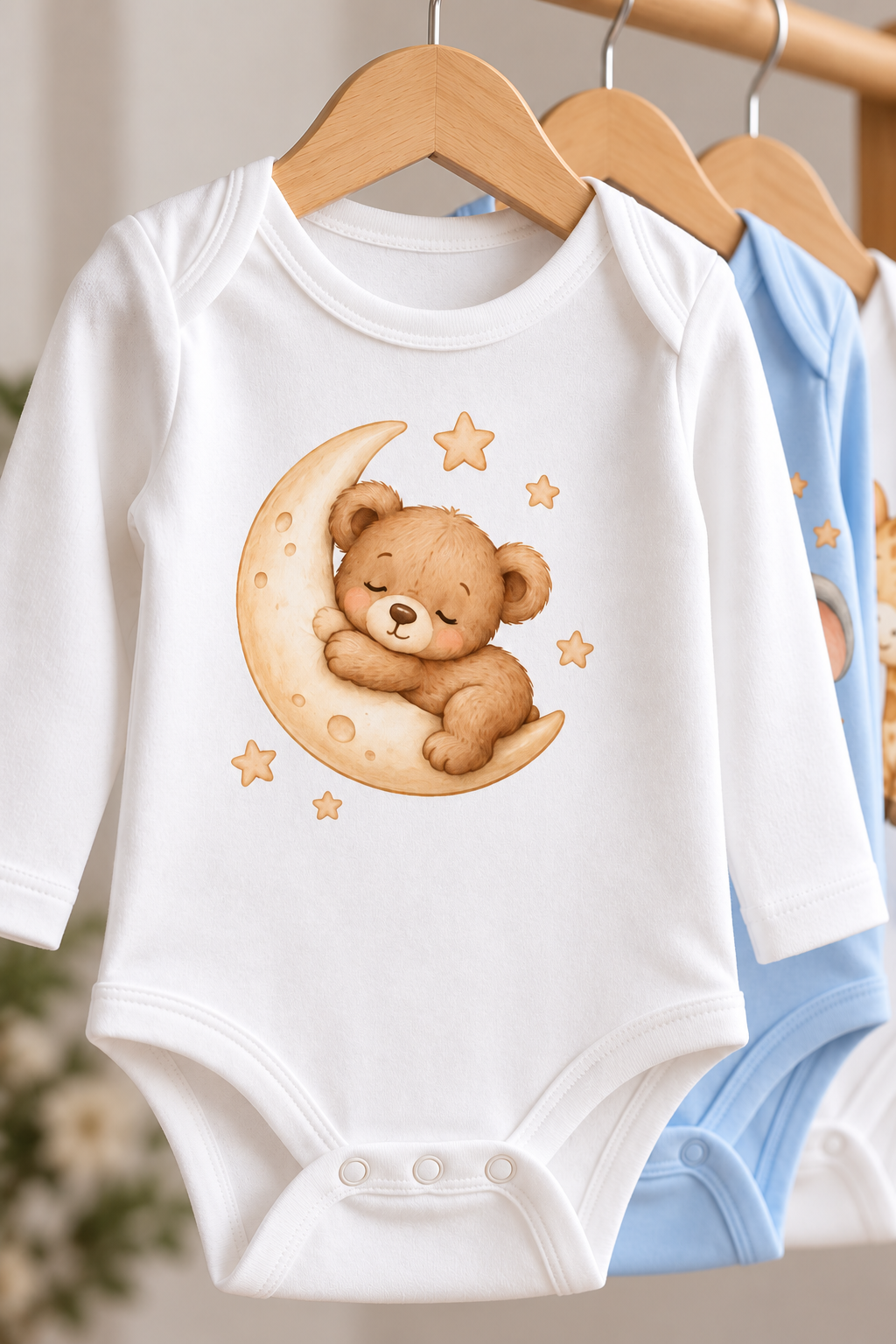 Set of 3 Long-Sleeve Watercolour Animal Print Baby Boy Bodysuits (Bear, Elephant, Giraffe)