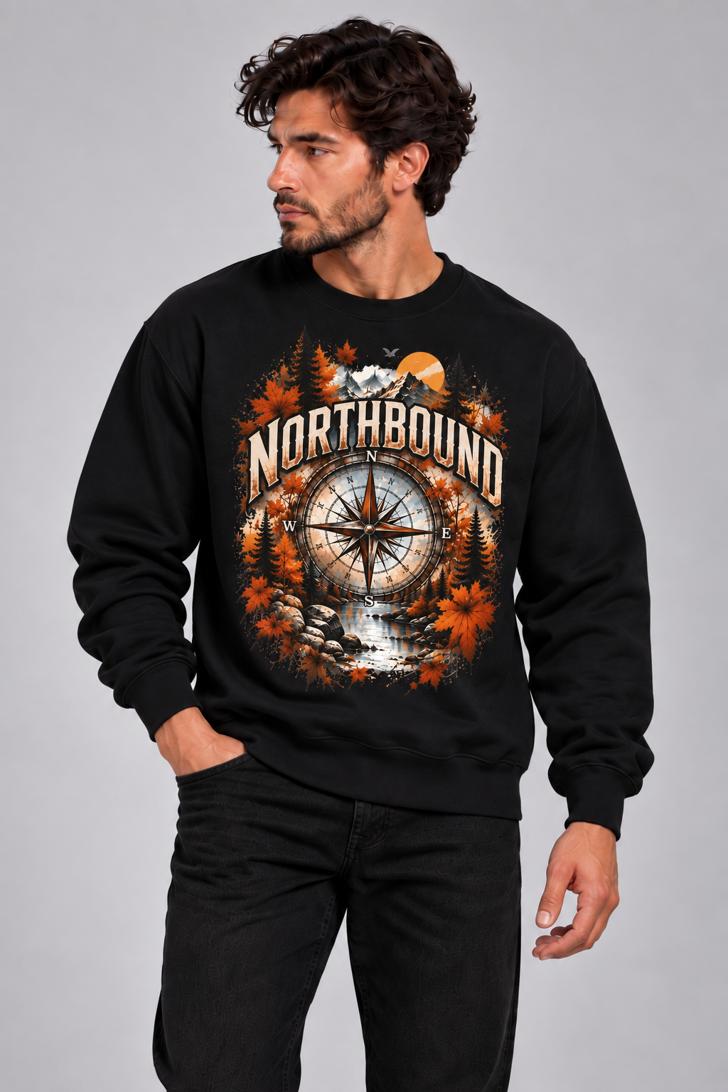 "Northbound" Men's Black Crewneck Sweatshirt