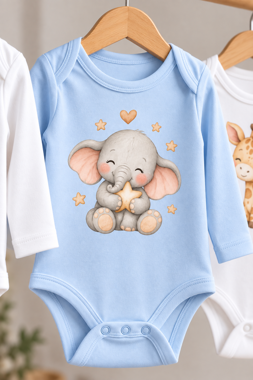 Set of 3 Long-Sleeve Watercolour Animal Print Baby Boy Bodysuits (Bear, Elephant, Giraffe)