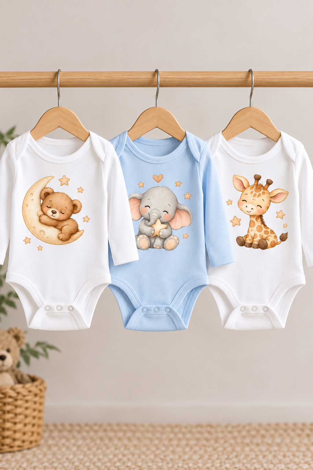 Set of 3 Long-Sleeve Watercolour Animal Print Baby Boy Bodysuits (Bear, Elephant, Giraffe)