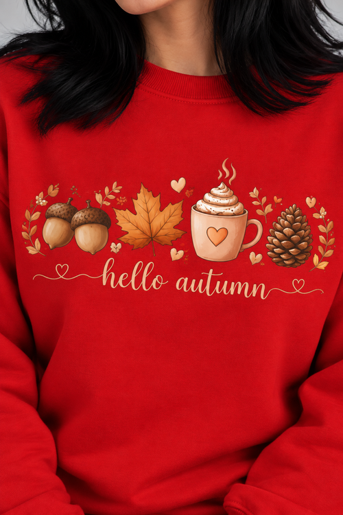 "Hello Autumn" Women's Red Crewneck Sweatshirt