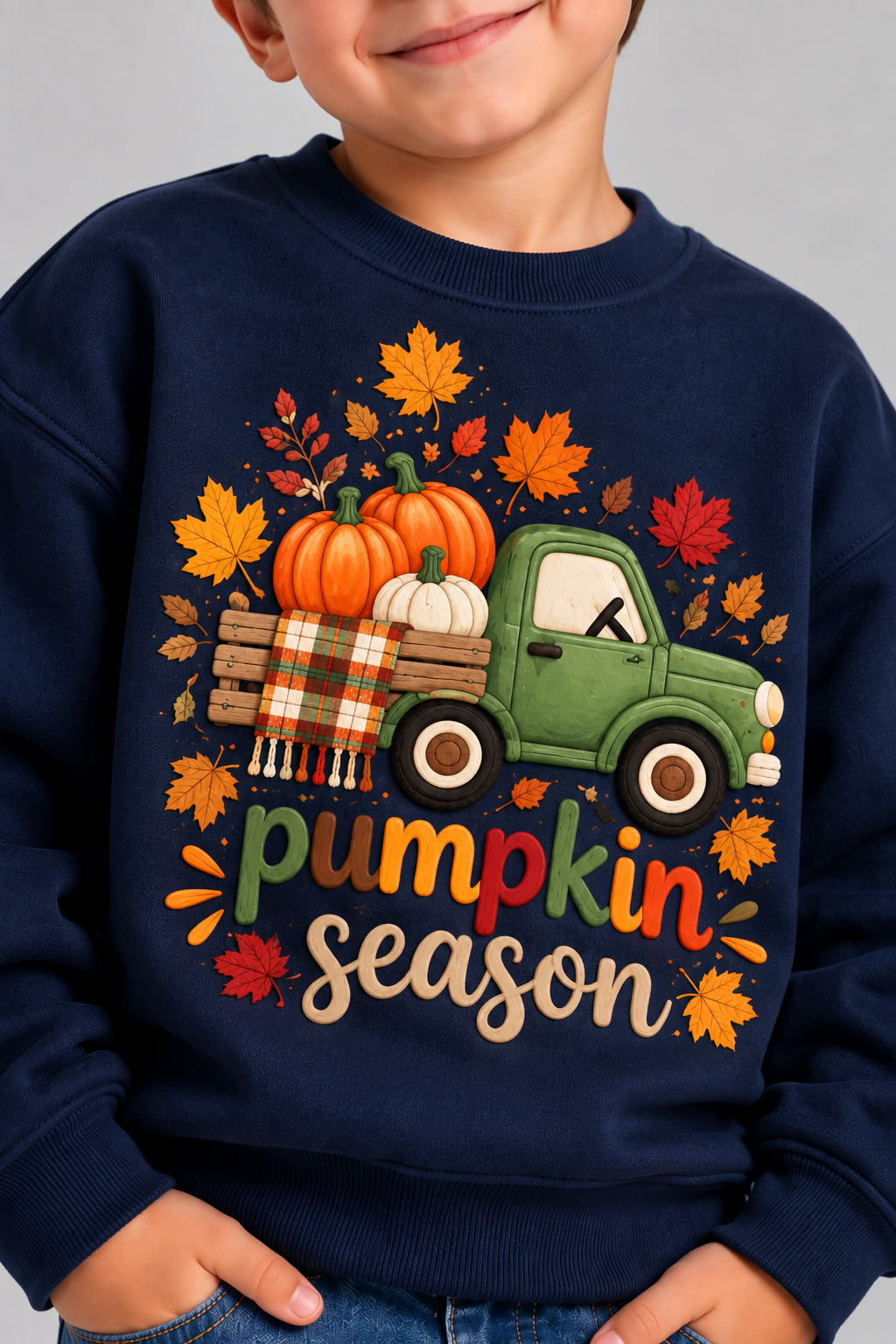 "Pumpkin Season" Navy Blue Boys' Sweatshirt with Embroidered Truck and Pumpkins