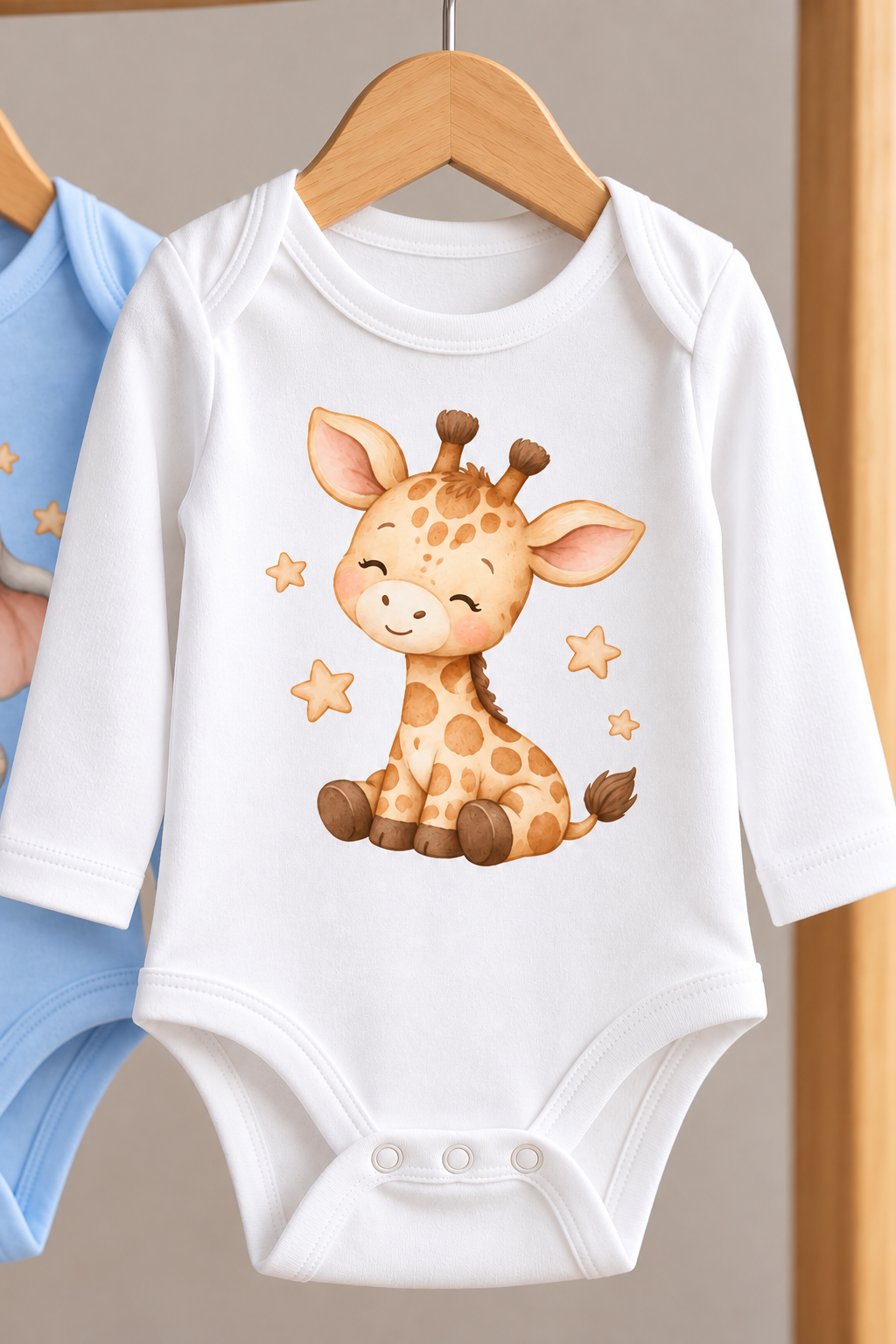 Set of 3 Long-Sleeve Watercolour Animal Print Baby Boy Bodysuits (Bear, Elephant, Giraffe)